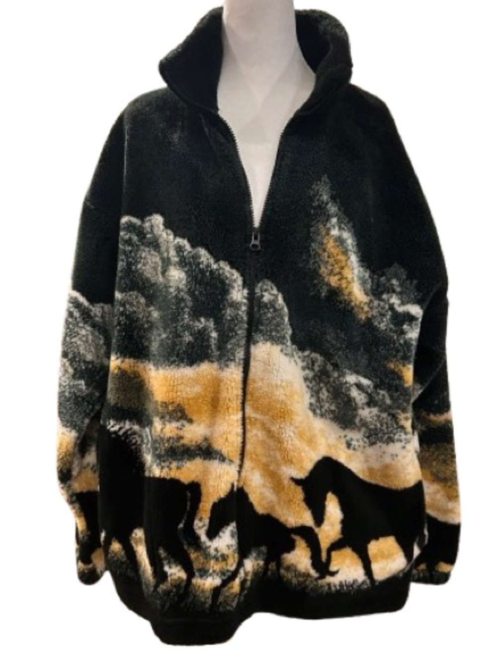 VTG 90s Mazmania Wild Horses Fleece Zip Jacket USA Cabincore Granola Size M